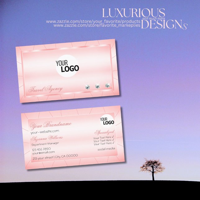 Carte De Visite Rose lumineux avec diamants et logo professionnel (Créateur téléchargé)