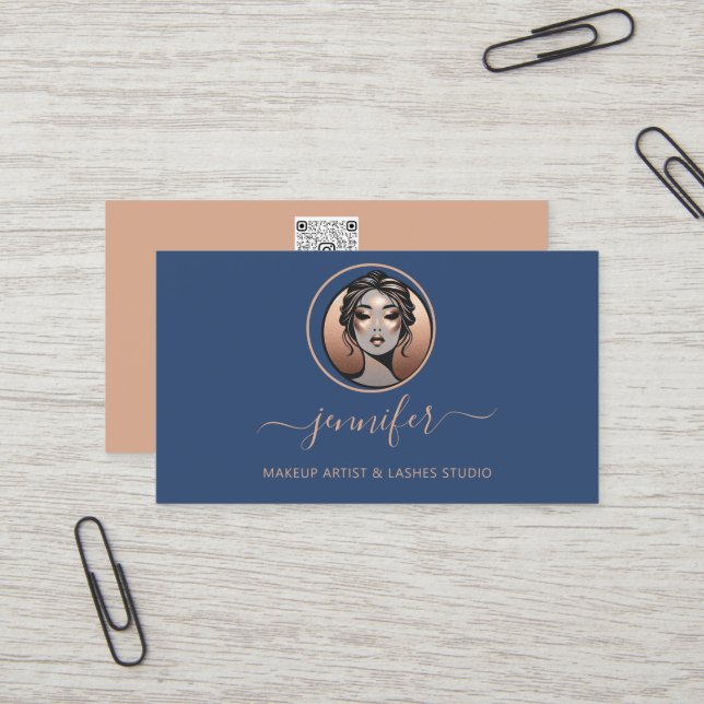Carte De Visite Rose maquillage Artiste blanc logo LashQR Blu orie (Devant/Arrière en situation)