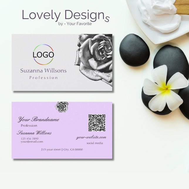 Carte De Visite Rose mignon Gray clair Lilac avec logo QR Code (Créateur téléchargé)