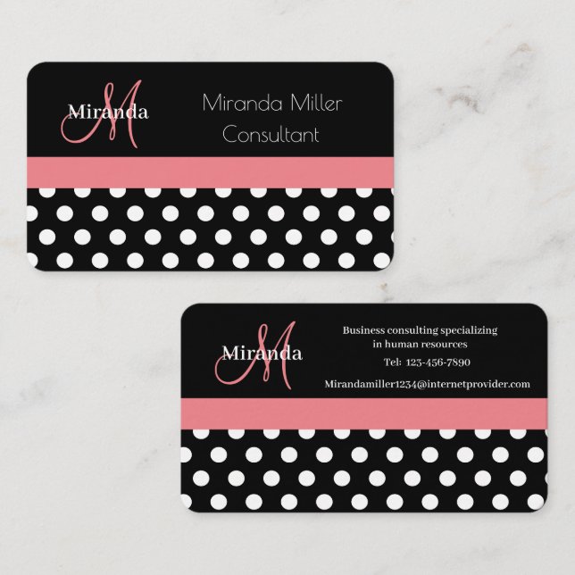 Carte de visite rose noir blanc Polka Point (Devant / Derrière)