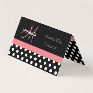 Carte De Visite Rose Noir Blanc Polka Point Monogram Carré