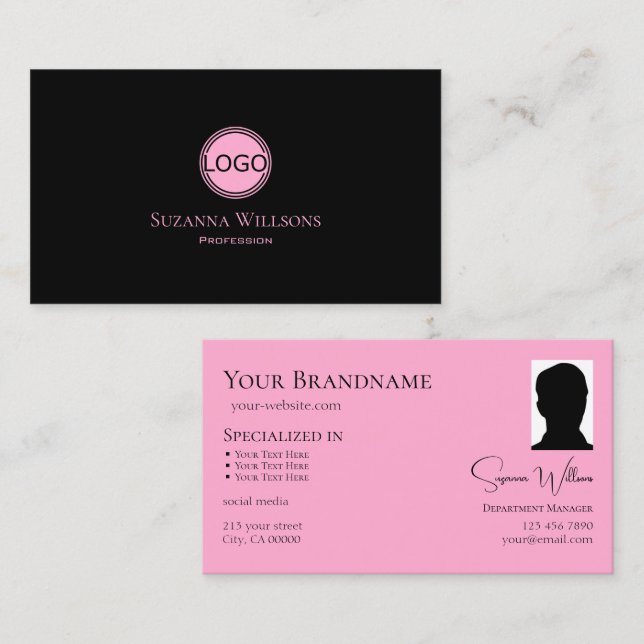 Carte De Visite Rose Noir moderne avec logo et photo chic (Devant / Derrière)