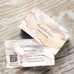 Carte De Visite Rose or agate marbre QR code élégant
