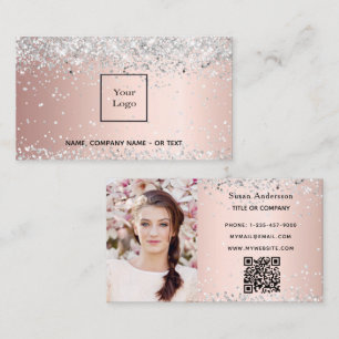 Carte De Visite Rose or argent photo code QR