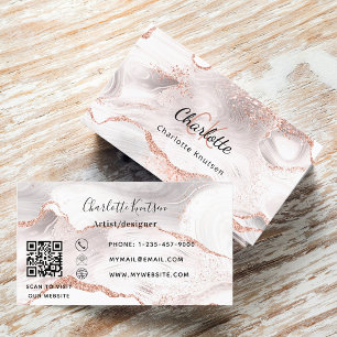 Carte De Visite Rose or blanc agate marbre noir code QR