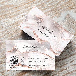 Carte De Visite Rose or blanc agate marbre QR code