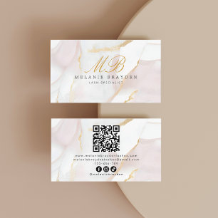 Carte De Visite Rose or Blush rose marbre Monogramme QR Code