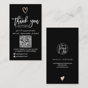 Carte De Visite Rose or coeur noir logo qr code commander merci