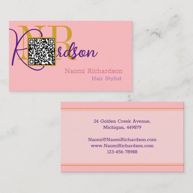 Carte De Visite Rose & Or personnalisé, Code QR, Monogramme / Femm (Devant / Derrière)