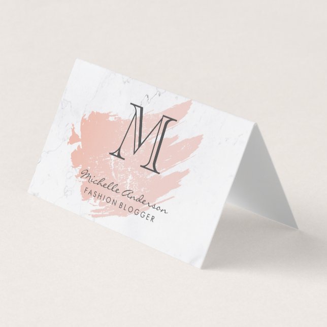 Carte De Visite Rose or rose brossé | Marbre | Monogramme classiqu (Devant)