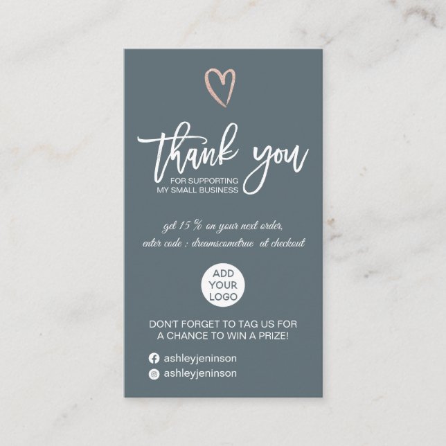 Carte De Visite Rose or script coeur bleu logo commander merci (Devant)
