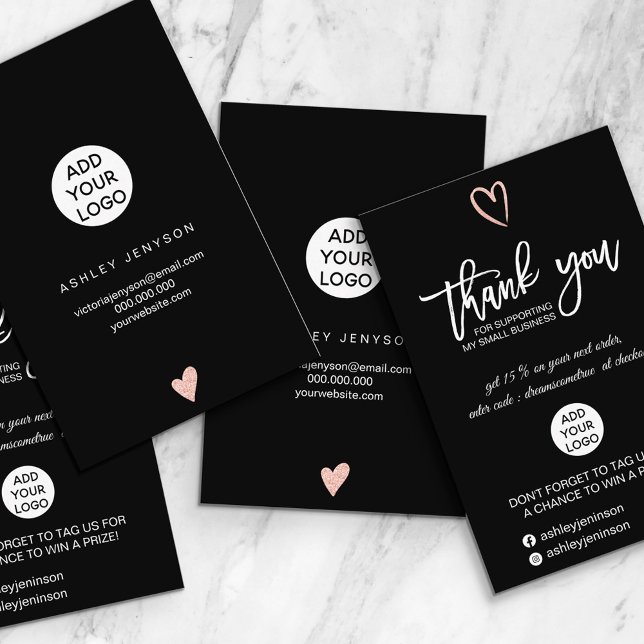 Carte De Visite Rose or script coeur noir logo commander merci (Créateur téléchargé)