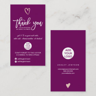 Carte De Visite Rose or script coeur prune logo commander merci