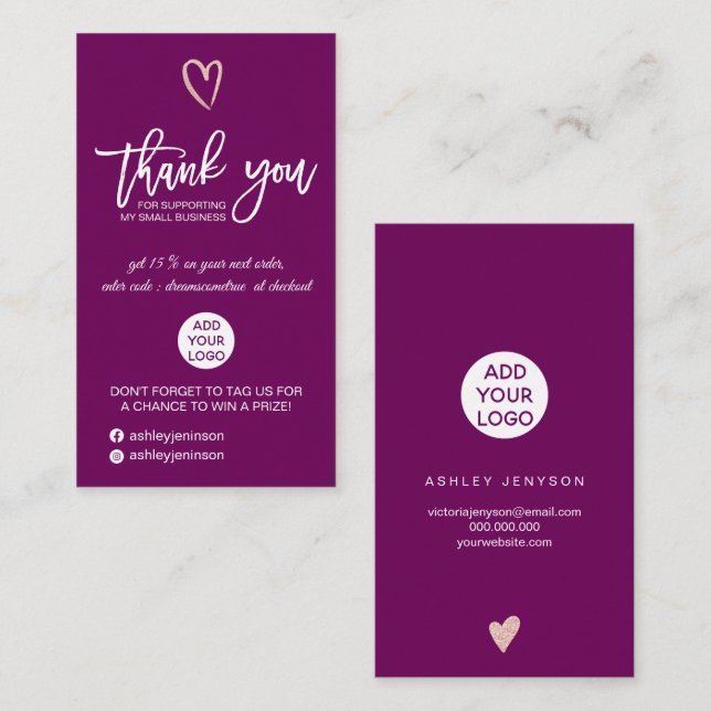 Carte De Visite Rose or script coeur prune logo commander merci (Devant / Derrière)