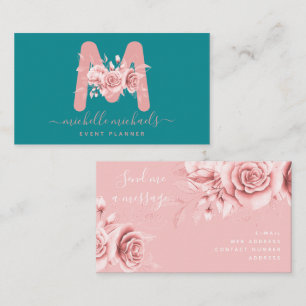 Carte De Visite Rose or Turquoise Floral Aquarelle Monogramme