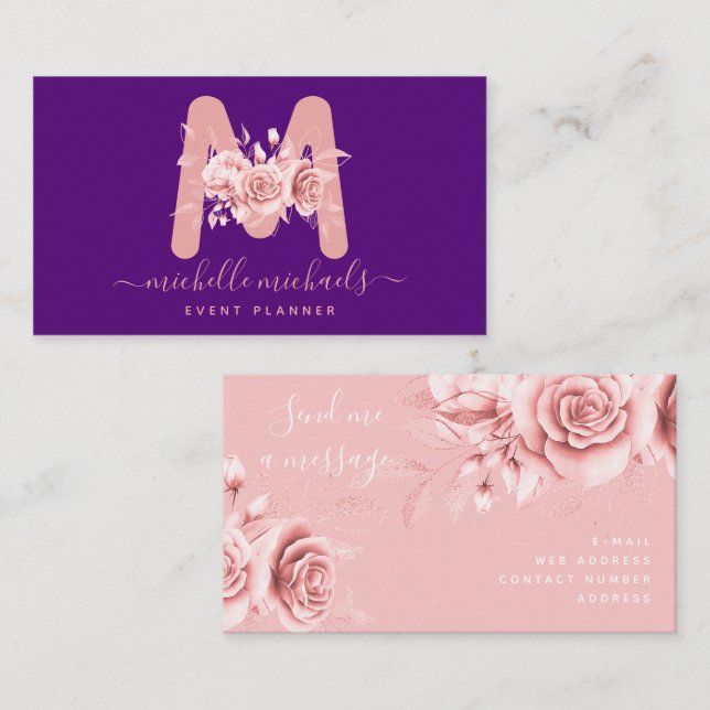 Carte De Visite Rose or violet d'aquarelle florale Monogramme (Devant / Derrière)