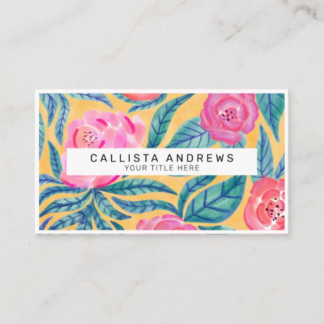 Carte De Visite Rose Orange Fleurs Feuille Aquarelle Monogramme (Devant)