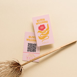 Carte De Visite Rose orange rétro boho code QR floral girly groovy
