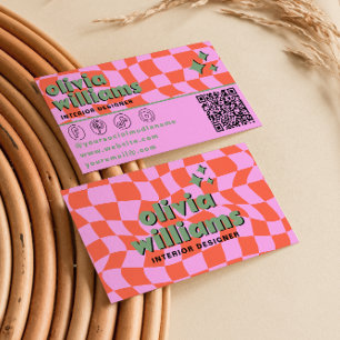 Carte De Visite Rose orange rétro Code QR à carreaux Groovy Unique