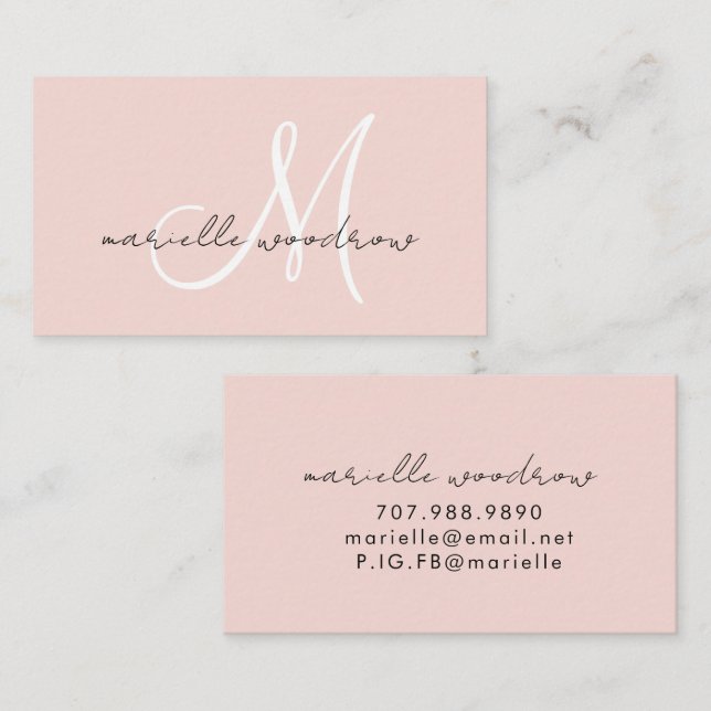 Carte de visite rose pâle à monogramme script mini (Devant / Derrière)