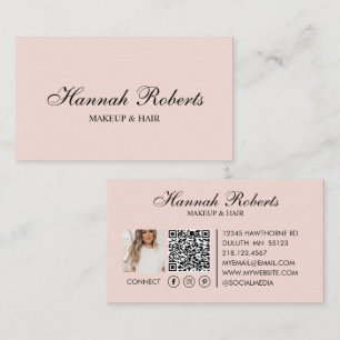 Carte De Visite Rose Pâle Noir Écriture Code QR Réseaux Sociaux Ma