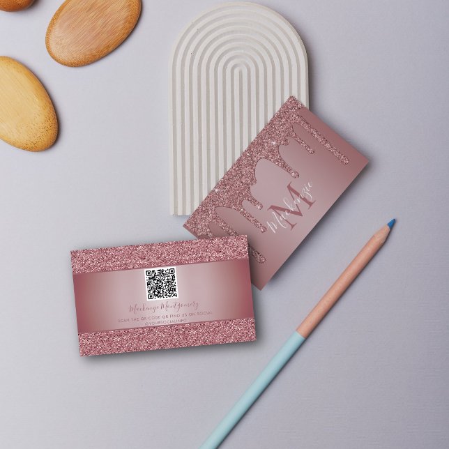 Carte De Visite Rose Parties scintillant de goutte d'or Monogramme (Rose Gold Dripping Glitter Monogram QR Code Business Card)