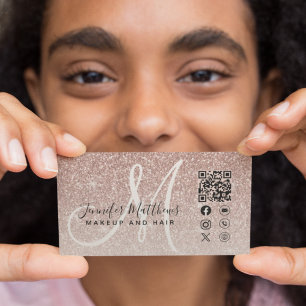 Carte De Visite Rose Parties scintillant or rose QR Code cheveux m