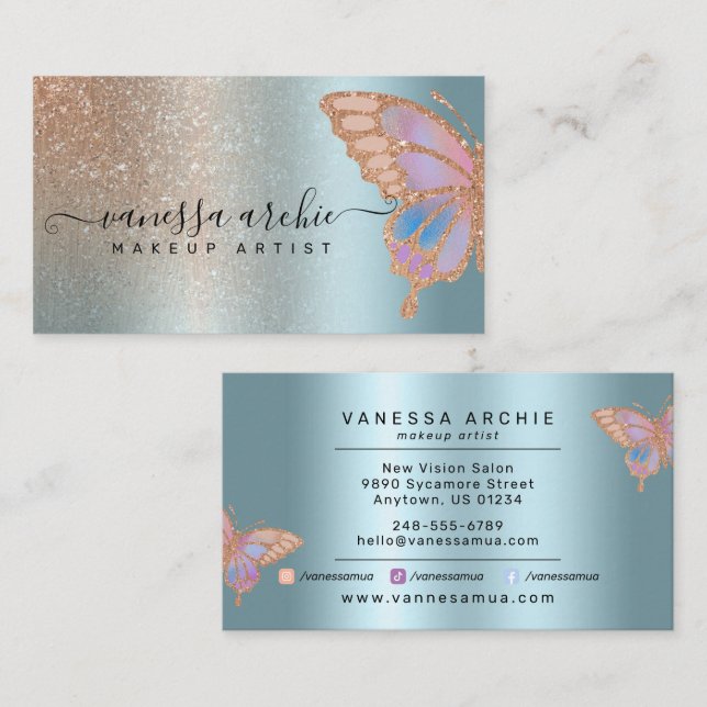 Carte De Visite Rose Parties scintillant or Turquoise Foil arc-en- (Devant / Derrière)