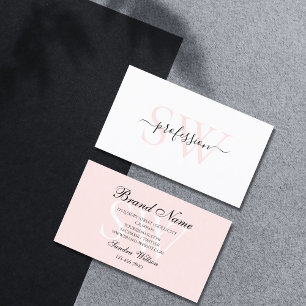Carte De Visite Rose pastel simple blanc et clair avec monogramme