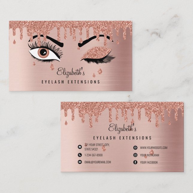 Carte De Visite Rose Pink Gold Eyelashes Dripping Glitter (Devant / Derrière)