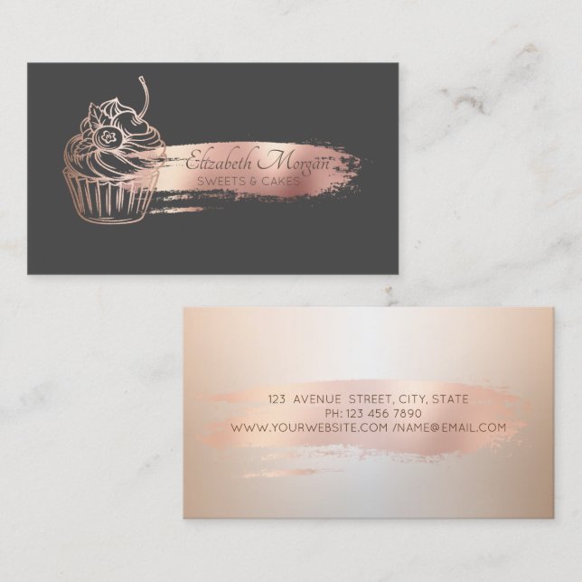 Carte De Visite Rose professionnel Gold Brush Stroke Cupcake (Devant / Derrière)