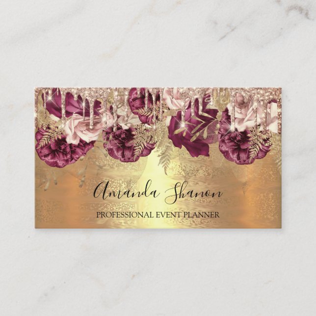 Carte De Visite Rose professionnel Gold Flowers Drip QR CODE Logo (Devant)
