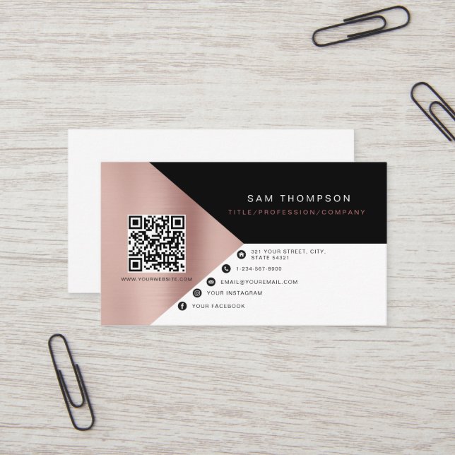Carte De Visite Rose professionnel Gold Rose QR Code moderne (Devant/Arrière en situation)