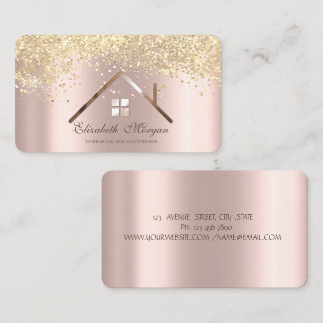 Carte De Visite Rose professionnel Gold Sequins Immobilier (Devant / Derrière)