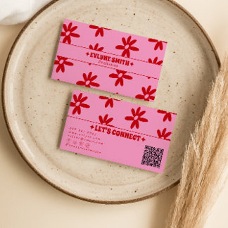 Carte De Visite Rose rétro Code QR Rouge Groovy Floral Féminin Ten