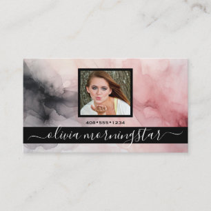 Carte De Visite Rose rose et noir, aquarelle douce QR et photo