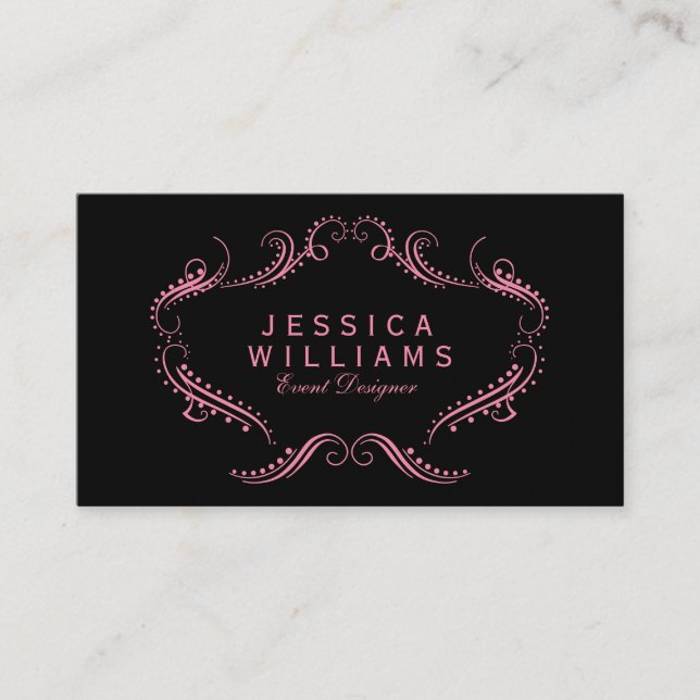 Carte De Visite Rose sur cadre floral orné noir (Devant)