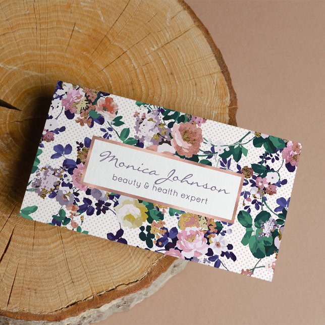 Carte De Visite Rose turquoise or violet pois floral (Pink teal purple gold polka dots floral business card )