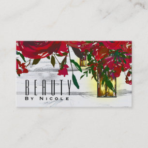 Carte De Visite Roses aquarelles rouges romantiques et lanterne ru