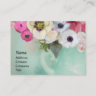 CARTE DE VISITE ROSES BLANCHES ET ROSES ET FLEURS D'ANÉMONE