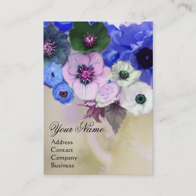 CARTE DE VISITE ROSES BLANCS BLEUS ET FLEURS D'ANÉONE MONOGRAMME (Devant)