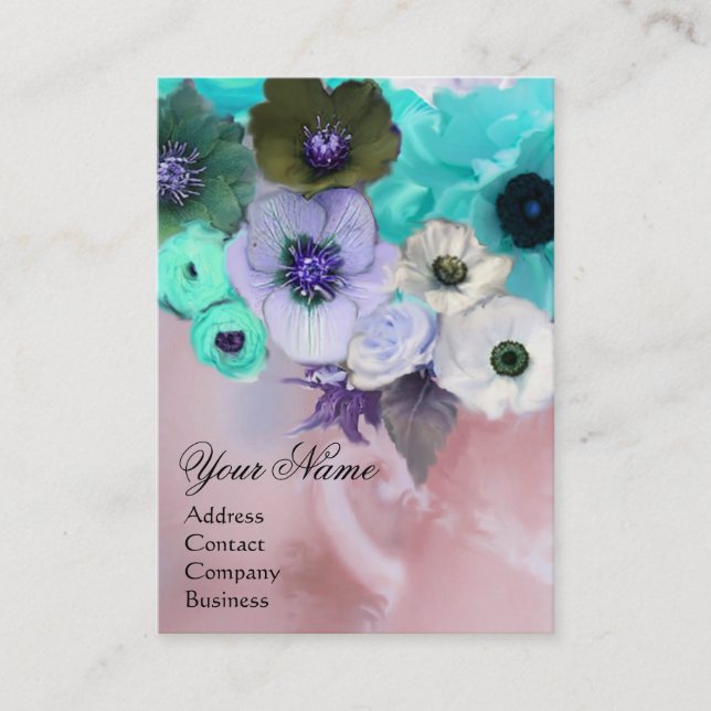 CARTE DE VISITE ROSES BLANCS TURQUOISES BLEUS ET FLEURS D'ANÉONE M (Devant)