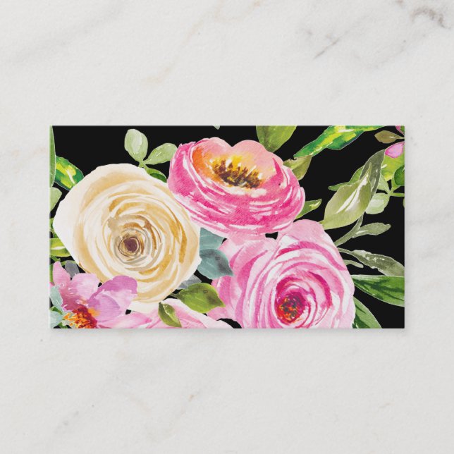 Carte De Visite Roses d'aquarelle en rose et crème sur noir (Devant)