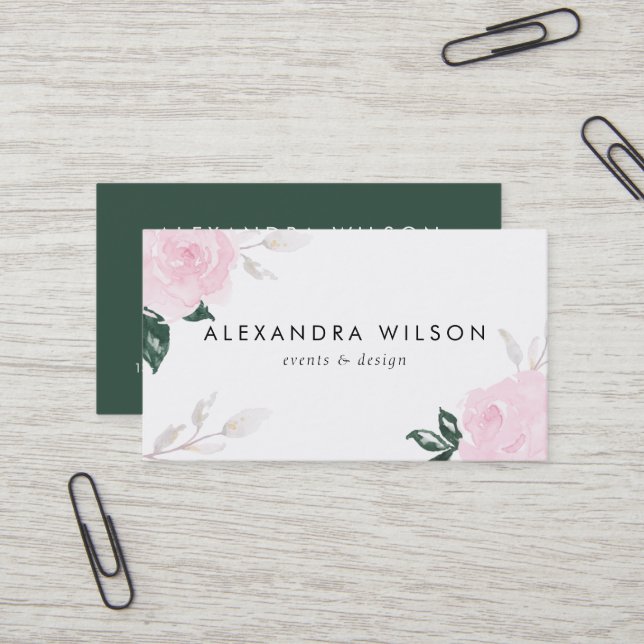 Carte De Visite Roses d'aquarelle rose doux (Devant/Arrière en situation)