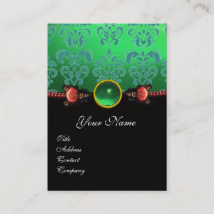 CARTE DE VISITE ROSES DE CORAIL ROUGE, NOIR BLEU VERT MONOGRAMME