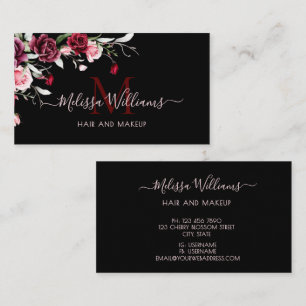 Carte De Visite Roses Monogramme Aquarelle Noir