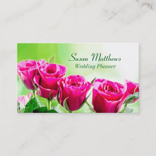 Carte De Visite Roses rose Fuchsia sur un Arrière - plan vert clai (Devant)