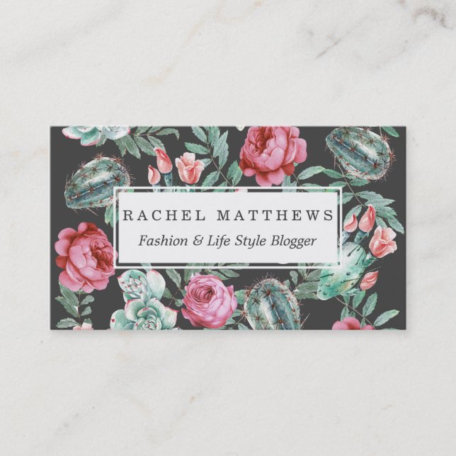 Carte De Visite Roses roses et motif succulent de cactus sur le (Devant)