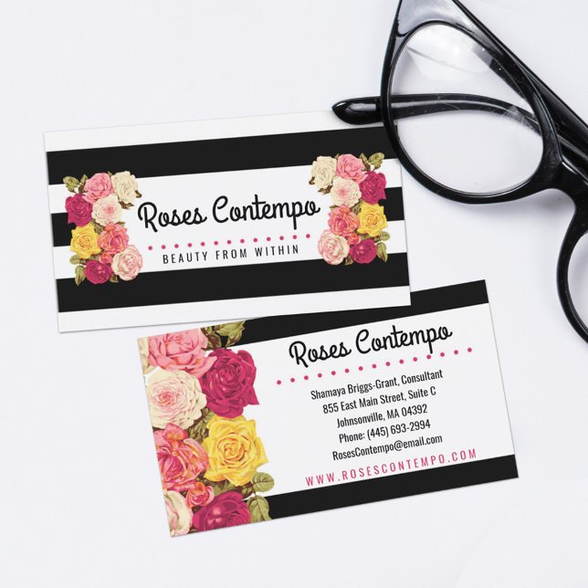 Carte De Visite Roses sur Moderne Black & White Stripes Chic Flori (Créateur téléchargé)