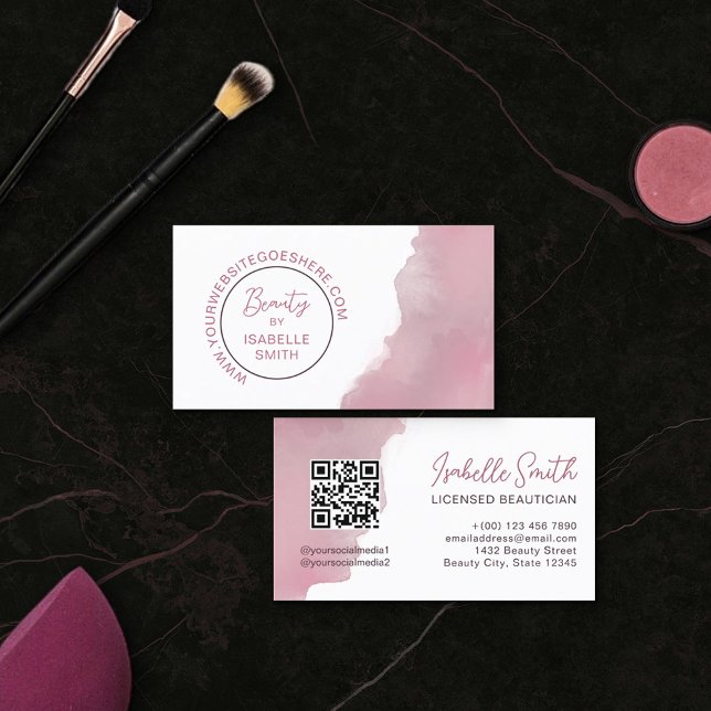 Carte De Visite Rosewood rose Aquarelle élégant Cercle QR Code (Créateur téléchargé)